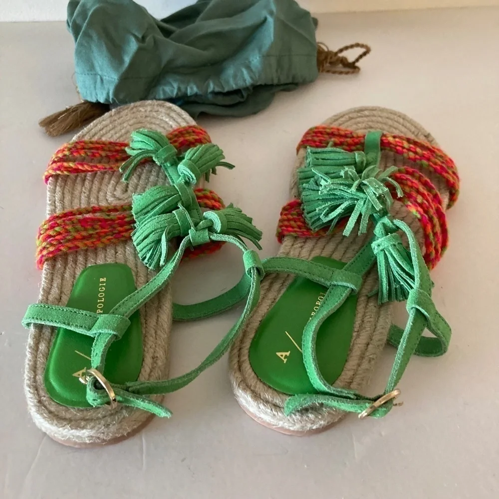 NWOT Anthropologie Fringe Rope Green Suede Boho Sandals Sz 6